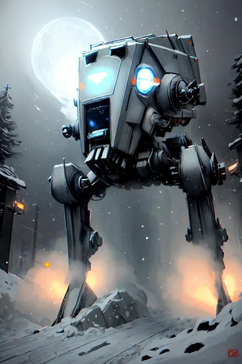 mecha, atstwlkr, snow planet, heavy snowstorm, snow, snowfall, covered in snow, cinematic, in motion, dark, at night, headlights on,
<lora:AT-ST_-_Scout_Walker:0.8>