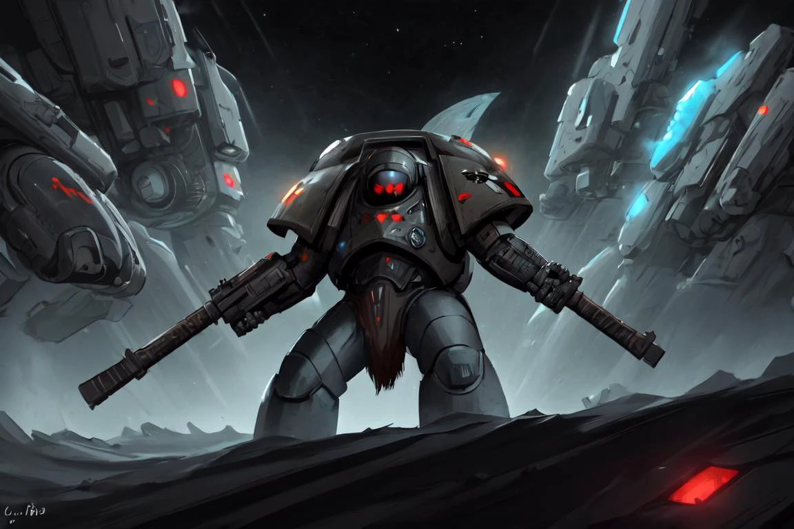 science fiction, spcwlf, grim expression, cinematic, highly detailed, grim and grainy, dark background, dramatic light, big battle axe, fleet of spacecrafts in the background,
<lora:Space_Wolves_-_Warhammer_40000:0.8>