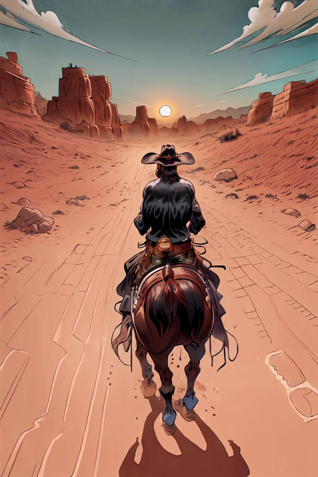 bberryjgir, western, cowboy riding on his horse, wild landscape, oustide, stones, hills, solitary tree in the background, dust and sand, highly detailed, 8k, masterpiece, hard shadows, bright sun, gritty, monochrome, black and white, hard lines,
<lora:Blueberry_v3:1>