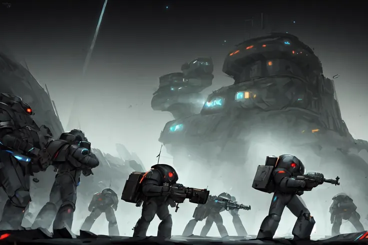 science fiction, spcwlf, grim expression, cinematic, highly detailed, grim and grainy,  dark background, dramatic light, big battle axe, fleet of spacecrafts in the background,
 <lora:Space_Wolves_-_Warhammer_40000:0.8>