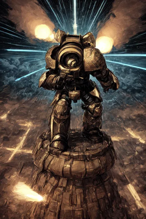 <lora:Space_Marine_Terminator:1> trmntr, man in heavy armor at nigh, multiple lights, shooting rockets, fighting enemies, battleground, in motion, movements, seen from above, from a distance,