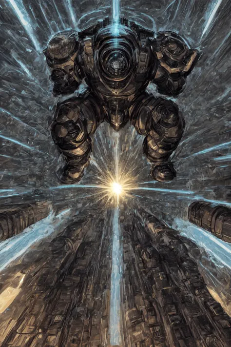 <lora:Space_Marine_Terminator:1> trmntr, man in heavy armor at nigh, multiple lights, shooting rockets, fighting enemies, battleground, in motion, movements, seen from above, from a distance,