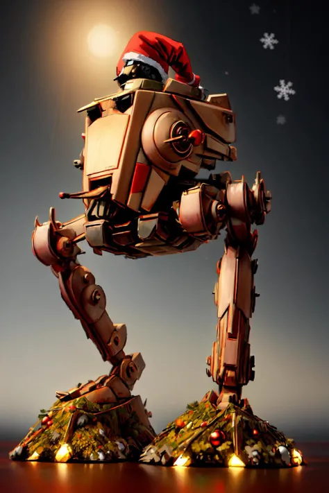 mecha, atstwlkr, decorated as a christmas tree, christmas light, christmas balls, red hat,
<lora:AT-ST_-_Scout_Walker:0.8>