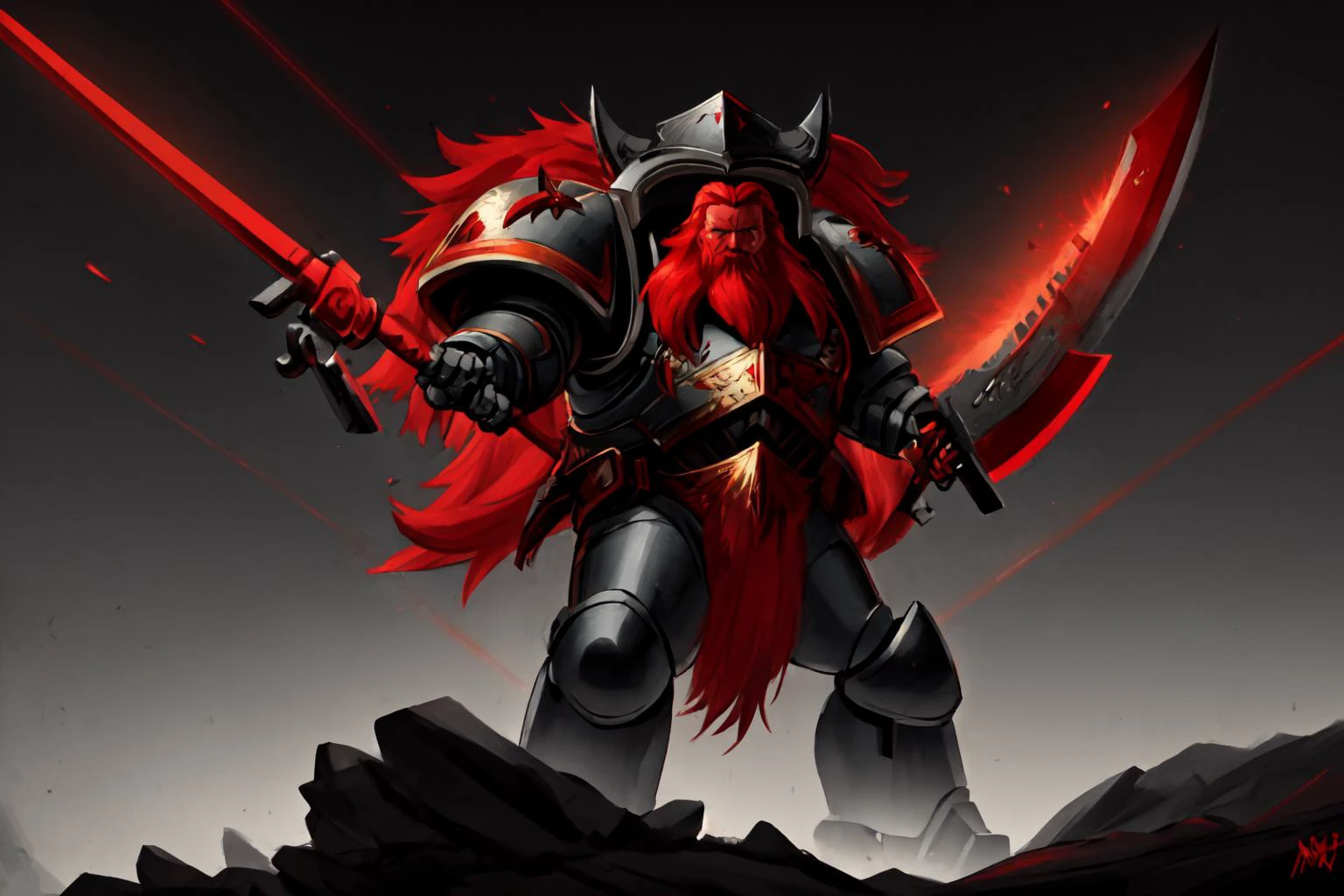 science fiction, spcwlf in full armor with a read beard and red hair in battle, grim expression, cinematic, highly detailed, grim and grainy, dark background, dramatic light, big battle axe,
<lora:Space_Wolves_-_Warhammer_40000:0.8>