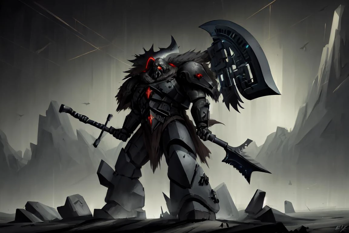 science fiction, spcwlf, grim expression, cinematic, highly detailed, grim and grainy, dark background, dramatic light, big battle axe,
<lora:Space_Wolves_-_Warhammer_40000:0.8>