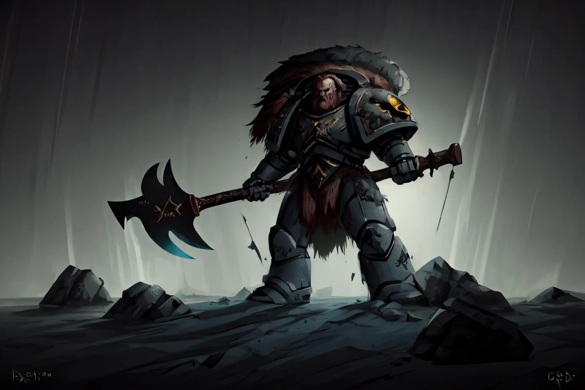 science fiction, spcwlf, grim expression, cinematic, highly detailed, grim and grainy, dark background, dramatic light, big battle axe,
<lora:Space_Wolves_-_Warhammer_40000:0.8>