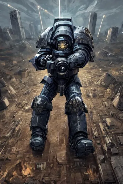 <lora:Space_Marine_Terminator:1> trmntr, man in heavy armor at nigh, multiple lights, shooting rockets, fighting enemies, battleground, in motion, movements, seen from above, from a distance,