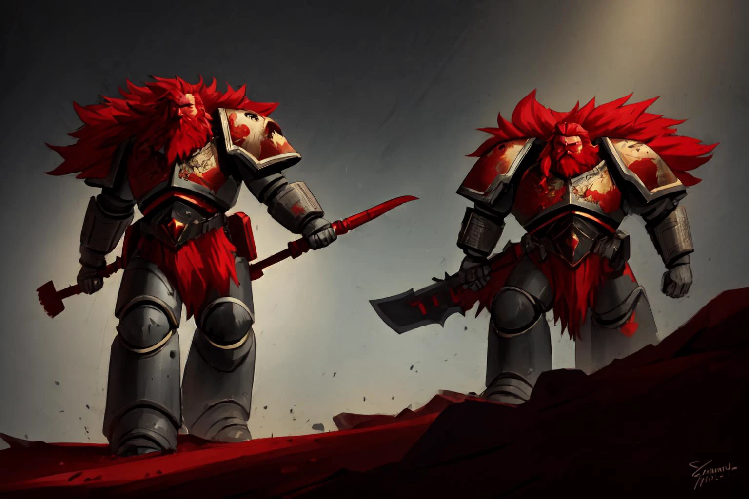 science fiction, spcwlf in full armor with a read beard and red hair in battle, grim expression, cinematic, highly detailed, grim and grainy, dark background, dramatic light, big battle axe,
<lora:Space_Wolves_-_Warhammer_40000:0.8>