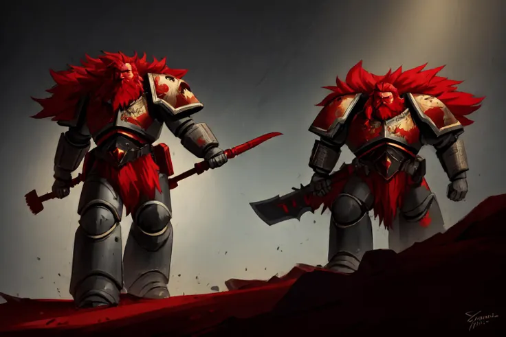 science fiction, spcwlf in full armor with a read beard and red hair in battle, grim expression, cinematic, highly detailed, grim and grainy,  dark background, dramatic light, big battle axe,
 <lora:Space_Wolves_-_Warhammer_40000:0.8>