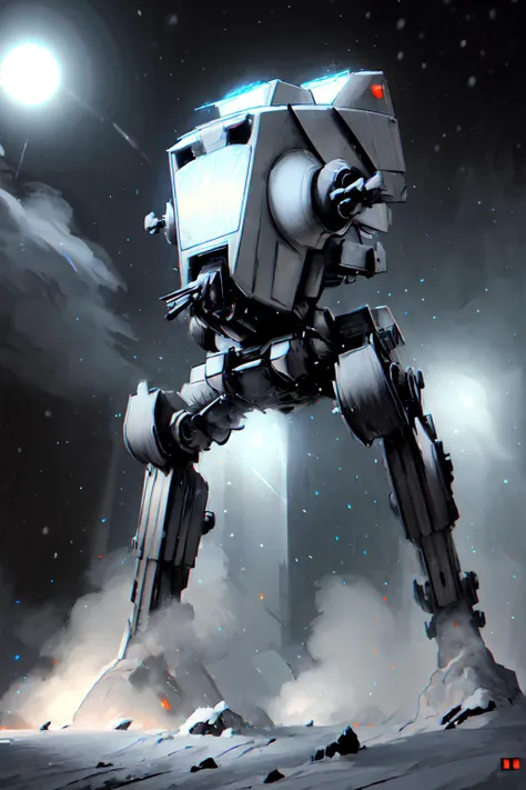 mecha, atstwlkr, snow planet at night, heavy snowstorm, snow, snowfall, covered in snow, cinematic, in motion, dark, 
<lora:AT-ST_-_Scout_Walker:0.8>