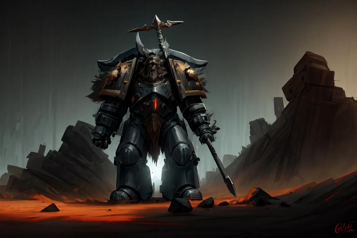 science fiction, spcwlf, grim expression, cinematic, highly detailed, grim and grainy, dark background, dramatic light, big battle axe,
<lora:Space_Wolves_-_Warhammer_40000:0.8>