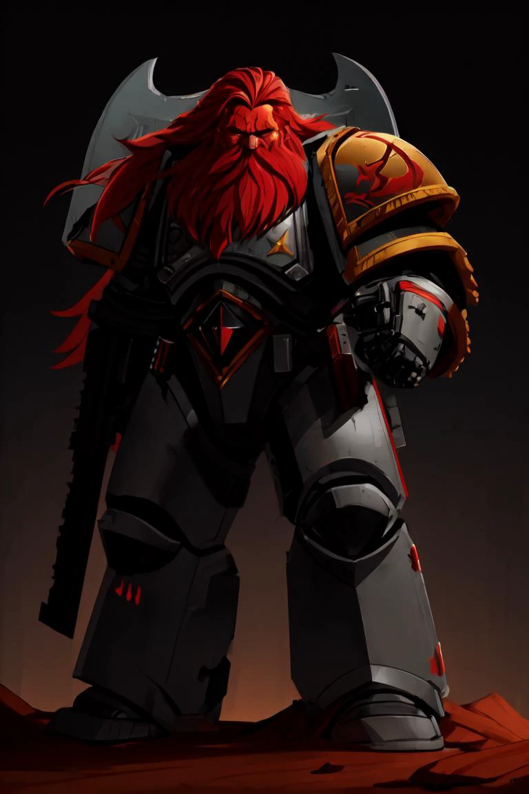 science fiction, spcwlf in full armor with a read beard and red hair after battle, grim expression, crouching and leaning towards the camera, face focus, cinematic, highly detailed, grim and grainy, dark background, dramatic light, big battle axe,
<lora:Space_Wolves_-_Warhammer_40000:0.8>