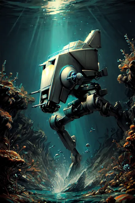 mecha, atstwlkr, under water, ocean, deep, bubbles, fish,
<lora:AT-ST_-_Scout_Walker:0.8>