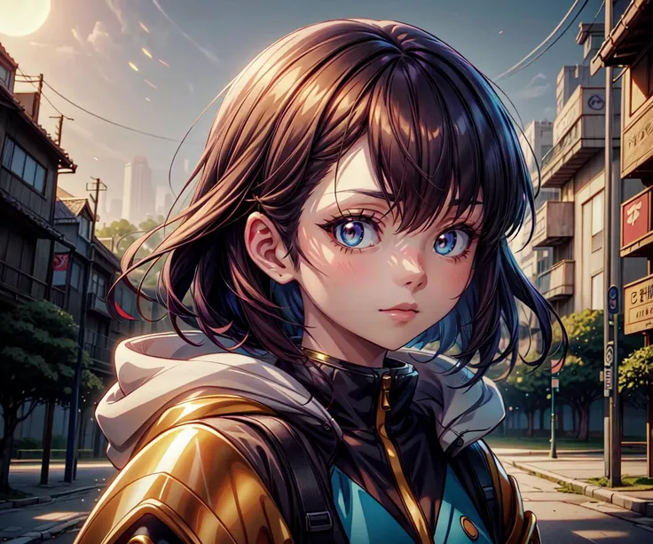 ((anime)) masterpiece close up portrait of a woman in a park, solarpunk city background, golden hour, best quality, high quality, art in the style of hayao miyazaki, yutaka nakamura