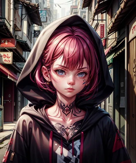 best quality, masterpiece, RAW photo, photorealistic, detailed, woman, hoodie, arm tattoo, portrait, asymmetrical bangs, bandaid, short hair, bangs, freckles, grey eyes, looking at viewer, neck tattoo, nose piercing, pink hair, solo, tattoo on face, upper body, detailed background, town, alley, dark alley, portrait, hood on head, night, angry, close up, closed mouth, masterpiece, absurdres