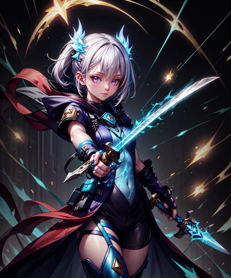 colorful, 1girl, white hair, purple eyes, dual wielding, sword, holding sword, blue flames, glow, glowing weapon, light particles, wallpaper, chromatic aberration,