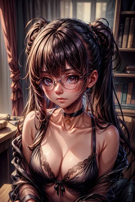 Beautiful woman, perfect body (detailed), black hair, brown eyes, sensual expression, black lingerie, medium breasts heaving, neckline at breasts, sexy woman, with glasses (masterpiece: 1.2), (best quality), 4k, ultra-detailed, (dynamic composition: 1.4), highly detailed, (bright lighting, atmospheric lighting), (ground: 1.2) --auto --s2