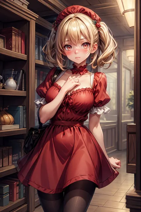 (masterpiece, best quality), 1girl, blonde hair, red dress, pantyhose, cute face, blush,