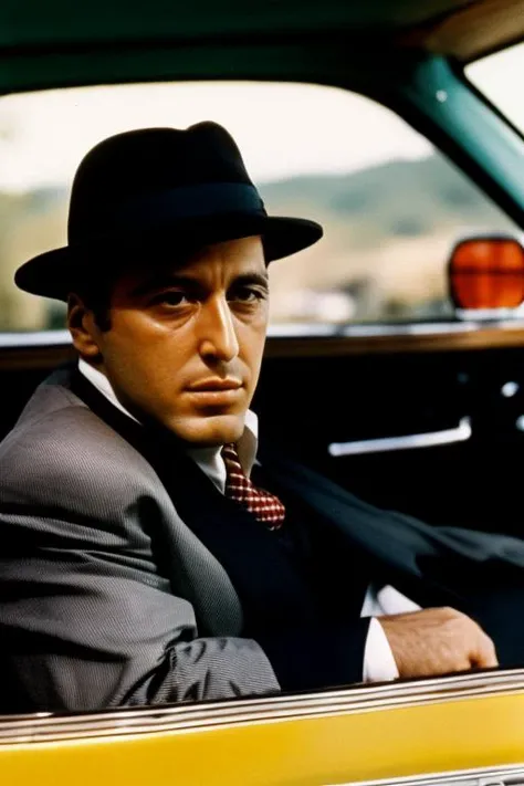 analog style , MichaelCorleone sitting in a car, <lora:MichaelCorleone:1>