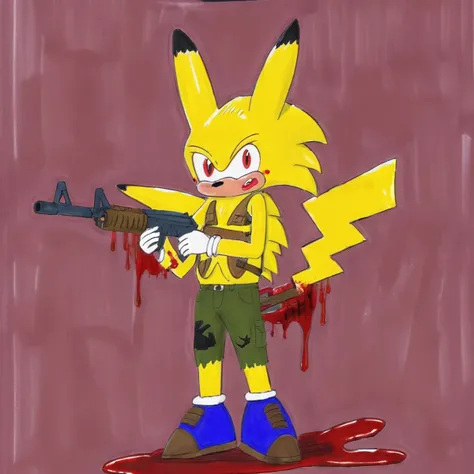 yellow sonic pikachu wearing army clothes in a war holding an ak-47 covered in blood<lora:style_xl.ChrisChanXL:1> Chris Chan style