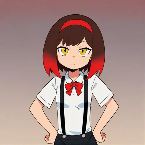 brown hair, (red highlights, red colored tips:1.1), (hairband, red hairband:1.1), (yellow eyes:1.1), short hair, small, small breasts, bangs, gradient hair, medium hair, white shirt, red bowtie, black suspenders, black skirt, <lora:ChrisChanXL:1>, Chris Chan style, solo, hands on hips, head tilt