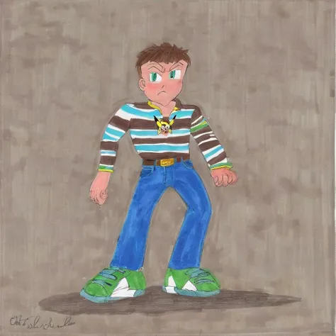 striped shirt, medallion, heterochromia, green eyes, blue eyes, 1boy, solo, simple white background, jeans, aqua footwear, angry, brown hair, short hair, Chris Chan style <lora:ChrisChanXL-000003:1>