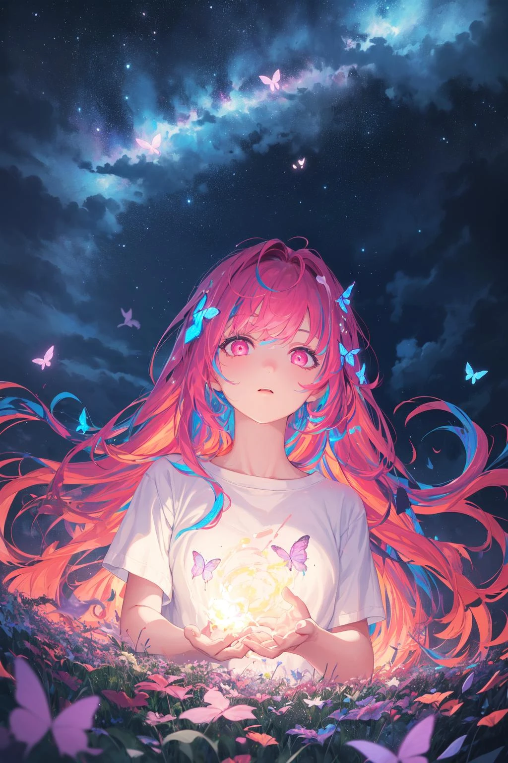 1girl,masterpiece, best quality,incredibly absurdres,long hair,(((glowing colorfull meadow))),fantasy colorfull,starry sky,night sky,standing,glowing butterfly,glowing effect,(white t-shirt),oversized shirt,looking at viewer,close view,facing viewer,glowing eyes,glowing nebula sky,((ducking forward)),surprised,pov
