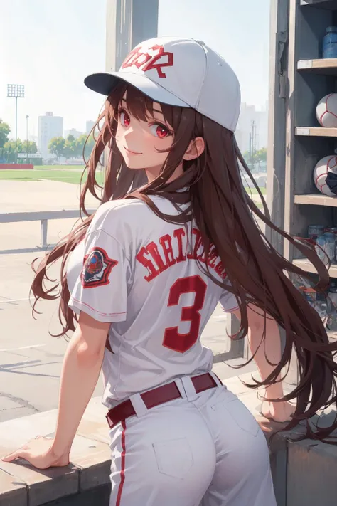 1girl,masterpiece, best quality,incredibly absurdres,long hair,white baseball cap, baseball uniform, from behind,looking at viewer,smile,red eyes,brown hair
