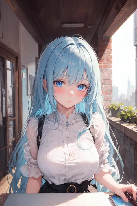 1girl,masterpiece, best quality,incredibly absurdres,long hair,close view,pov,casual dress,blush,blue pastel hair