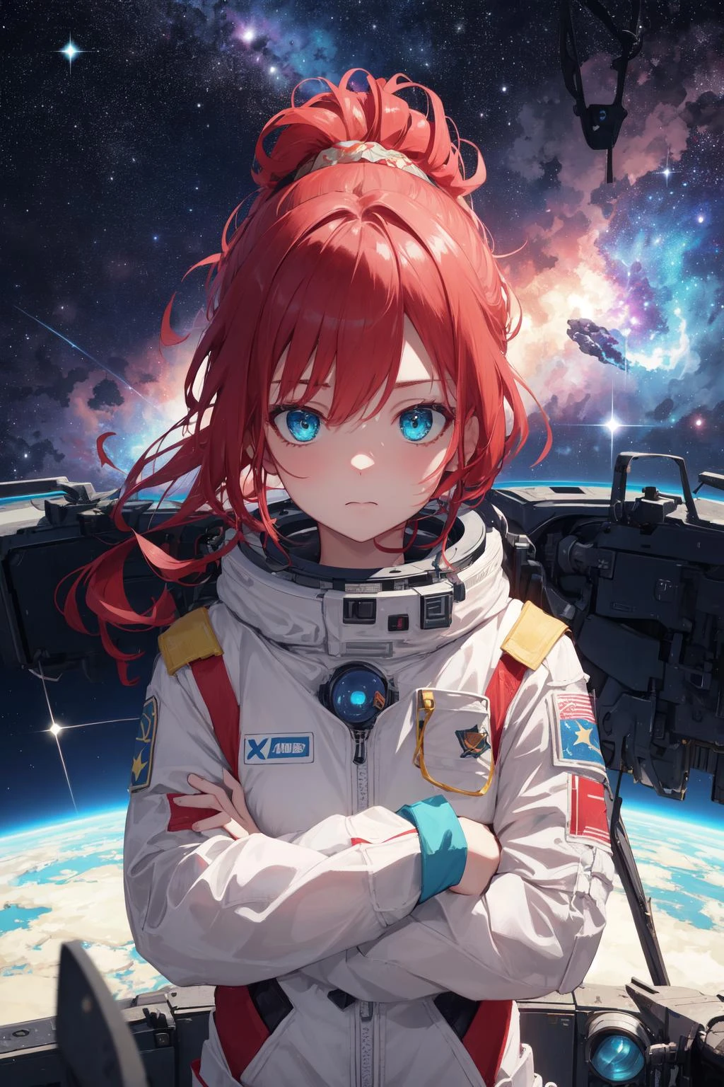 masterpiece, best quality, 1girl,solo,incredibly absurdres,space suit,close view,pov,late night,starry sky,nebula,red hair,ponytail,aqua eyes,looking at viewer,facing viewer,crossed arms, surprised