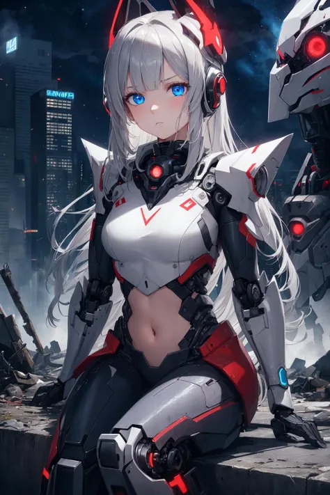 1girl,masterpiece, best quality,incredibly absurdres,long hair,high detail eyes,abandoned city, young girl,mecha armor,sitting,close view,night sky,glowing eyes,blue eyes,grey hair,navel, frown,blunt bangs, glowing effect,mechanical headgear,