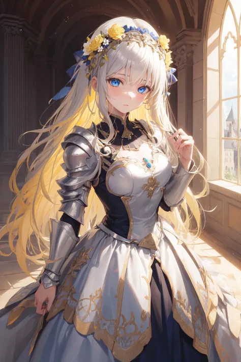 1girl,masterpiece, best quality,incredibly absurdres,long hair,flower headdress,castle hall,silver armor,dress,yellow hair,blue eyes,high detail eyes