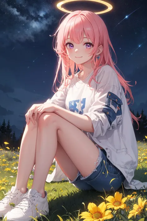 halo,1girl,masterpiece, best quality,incredibly absurdres,long hair,(glowing meadow),starry sky,night sky,sitting,glowing effect,white t-shirt,shorts denim,loose denim jacket,looking at viewer,white shoes,close view,facing viewer,smile,closed mouth,pink hair,purple eyes