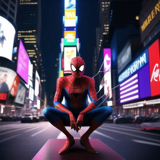 a Spiderman sitting on a neon billboard in Times Square reading a newspaper, bored realism512 Spidey512