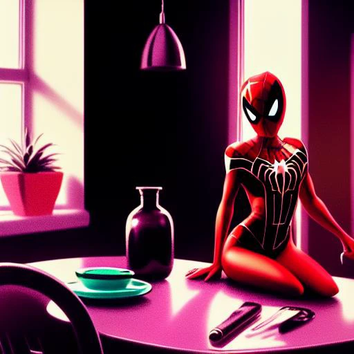 a Gwen Stacey Spidergirl sitting at his kitchen table looking exhausted after a long day realism512 Spidey512 Centerfold512