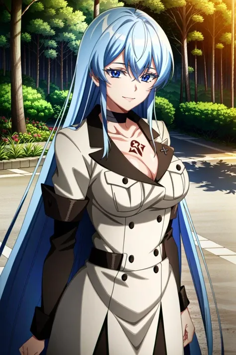 (extremely detailed CG unity 4k wallpaper),(masterpiece),(best quality),(ultra-detailed),(best illustration),(best shadow),(absurdres),(detailed background), <lora:OGT_Esdeath-v2:0.8> Esdeath, 1girl, breasts, long hair, blue hair, blue eyes, cleavage, large breasts, very long hair, uniform, military, nature, military uniform, forest, tattoo, brown hair, smile, mature woman