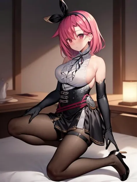 (hyper extreme detailed),(masterpeace),(hyper extreme),(photorealistic),CG,(colour:1.2), beautiful lighting,light from the front, solo,full body,(perfect anatomy:1.4),black_prince, leeveless shirt ,black skirt,pantyhose,high heels,breasts, buttons, elbow_gloves, thigh_strap, short hair, Gloves of different colors,hair ribbon, hairband, <lora:black_prince_V2:1> ,<lora:flat2:-0.5>