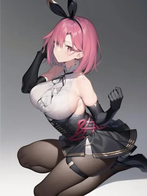 (hyper extreme detailed),(masterpeace),(hyper extreme),(photorealistic),CG,(colour:1.2), beautiful lighting,light from the front, ,black_prince, leeveless shirt ,black skirt,pantyhose,high heels,breasts, buttons, elbow_gloves, thigh_strap, short hair, Gloves of different colors,hair ribbon, <lora:black_prince_V2:1>