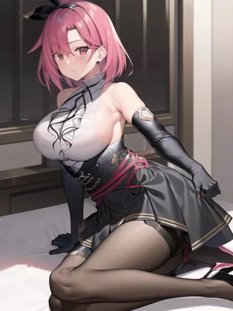 (hyper extreme detailed),(masterpeace),(hyper extreme),(photorealistic),CG,(colour:1.2), beautiful lighting,light from the front, ,black_prince, leeveless shirt ,black skirt,pantyhose,high heels,breasts, buttons, elbow_gloves, thigh_strap, short hair, Gloves of different colors,hair ribbon, <lora:black_prince_V2:1>