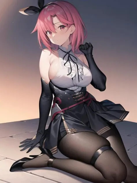 (hyper extreme detailed),(masterpeace),(hyper extreme),(photorealistic),CG,(colour:1.2), beautiful lighting,light from the front, ,black_prince, leeveless shirt ,black skirt,pantyhose,high heels,breasts, buttons, elbow_gloves, thigh_strap, short hair, Gloves of different colors,<lora:black_prince_V2:1>