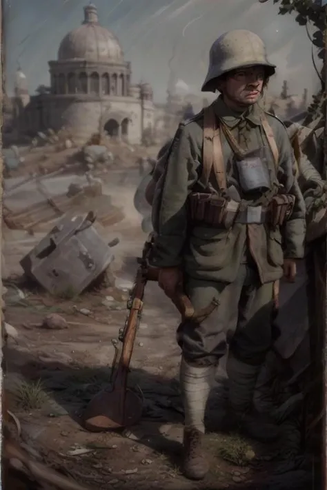 Create a poignant and evocative depiction of a battle-hardened soldier, a digital masterpiece that captures the raw intensity of warfare. Showcase intricate details in the soldier's battle-worn uniform, weaponry, and the surrounding war-torn landscape. Utilize high dynamic range (HDR) to emphasize the contrast between light and shadow in this gritty and intense scene. Convey the soldier's resolute determination and unwavering courage through hyperrealistic expressions and posture, highlighting the depth of character. Craft an 8k CG scene that immerses viewers in the soldier's world, commemorating their sacrifice and dedication to duty. This digital art should resonate with those who honor the bravery and sacrifice of soldiers, serving as a powerful tribute to their unwavering commitment.
