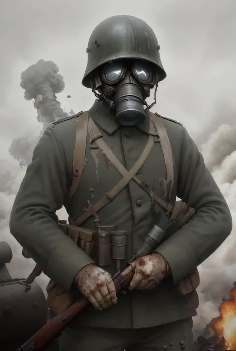 World War 1, ww1ger with a beard holding a rifle in the hell of war, explosions, shrapnel, Cannon fodder, Drizzle, Visceral pain,Cold sweat,Suffocating gas, Abyss,Bloodcurdling, Resignation, Gas masks, Drybrush, Symmetry, Monochromatic, in the style of Dorothea Tanning, ultra detailed, intricate, surrealism, oil on canvas, dry brush, <lora:ww1ger_v0.1:0.7>