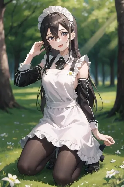 masterpiece, best quality, highres, aachizuru, long hair, one side up,  maid, maid headdress, apron, black dress, skirt hold, smile, garden, standing,miniskirt,(((lift skirt,lace panties)))