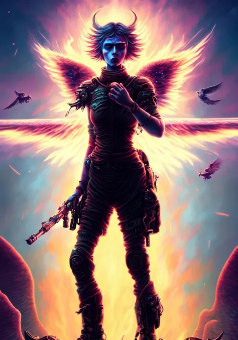 textless, best quality, War in Heaven (serphm:1.3) Archangel Holding Flaming Weapon, battling demons in another world, ggffff666666