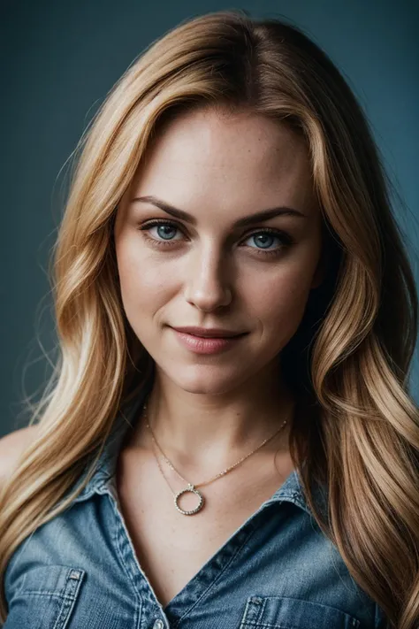photo of (spr1b1s-125:0.99), a woman, perfect blonde hair, posing with a hand on her head, (vintage photo, leotard), (closeup portrait), necklace, 24mm, (tintype), (analog, cinematic, film grain:1.3), ((plain Denim Blue, gradient)), ((detailed eyes)), smiling, (epicPhoto)