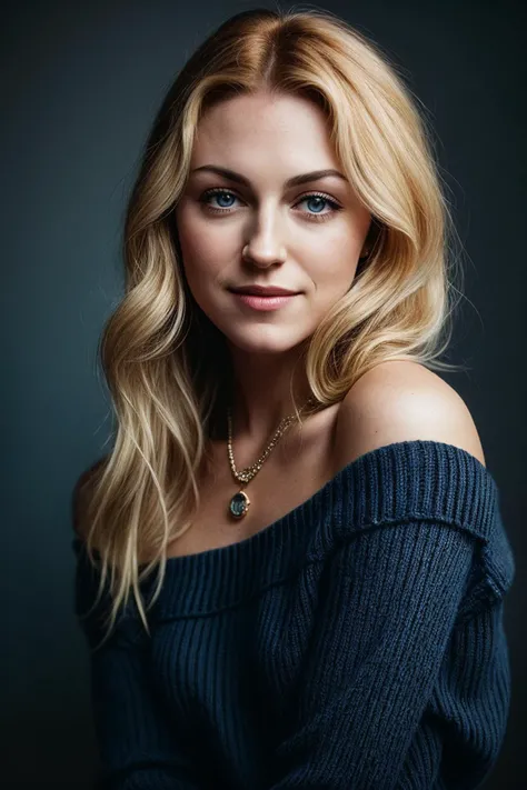photo of (spr1b1s-125:0.99), a woman, perfect blonde hair, posing with a hand on her head, (vintage photo, sweater off-shoulder), (closeup portrait), necklace, 24mm, (tintype), (analog, cinematic, film grain:1.3), ((plain Dark Blue, gradient)), ((detailed eyes)), smiling, (epicPhoto)