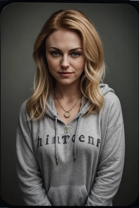 photo of (spr1b1s-125:0.99), a woman, perfect blonde hair, posing with a hand on her head, (vintage photo, Hoodie, Leggings), (closeup portrait), necklace, 24mm, (tintype), (analog, cinematic, film grain:1.3), ((plain Very Gray, gradient)), ((detailed eyes)), smiling, (epicPhoto)
