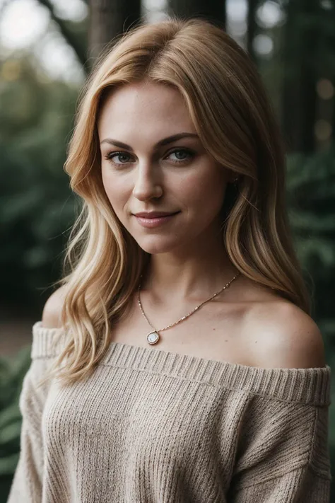 photo of (spr1b1s-125:0.99), a woman, perfect blonde hair, posing with a hand on her head, (vintage photo, sweater off-shoulder), (closeup portrait), necklace, 24mm, (tintype), (analog, cinematic, film grain:1.3), ((plain Eye Brown, gradient)), ((detailed eyes)), smiling, (epicPhoto)