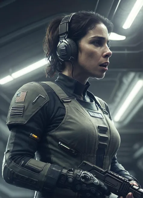 close up photo of sks woman, rugged space trucker, inside industrial spaceship, futuristic science fiction, action scene, digital concept art, realistic, intricate detailed textures, filmic, cinematic, environmental character portrait, <lora:locon_sarah_v1_from_v1_64_32:1.25>