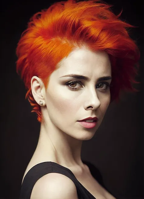 portrait of sks woman by Flora Borsi, style by Flora Borsi, bold, bright colours, orange Mohawk haircut, ((Flora Borsi)), <lora:locon_sarah_v1_from_v1_64_32:1.25>